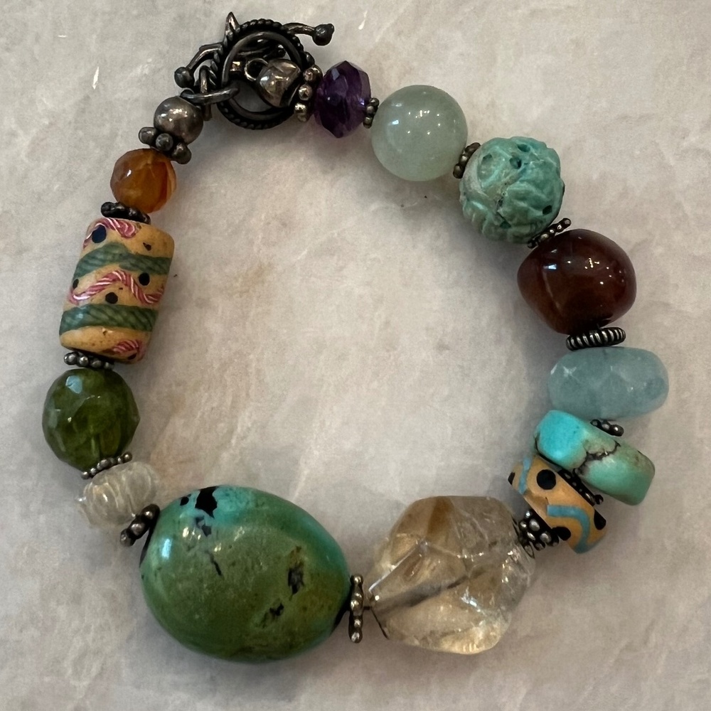 Turquoise & Mixed Gemstone Artisan Bracelet | Sterling Silver